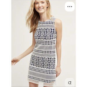Anthropologie Two Arrows Strata Dress Sz M Blue White Lace Revolve Mini Work EUC